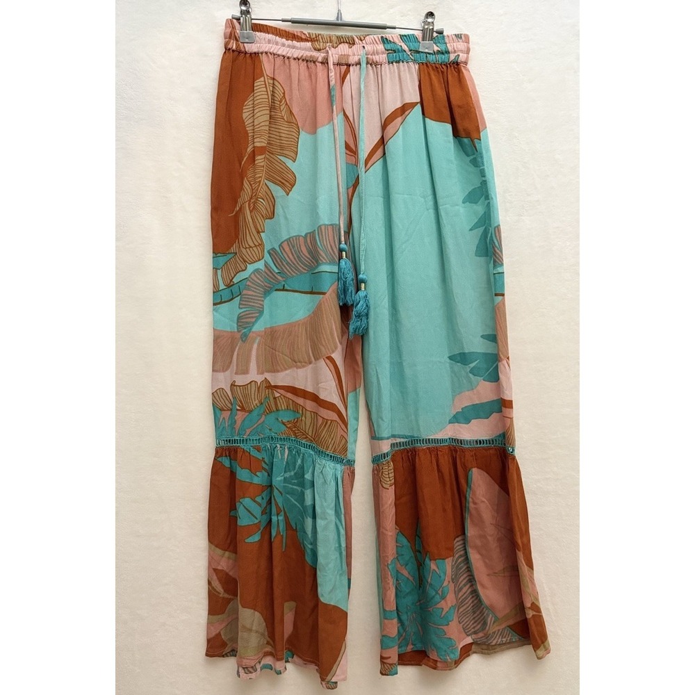 True Destinations M Boho Peach Aqua Tropical Super Wide Leg Flowy Pants Coastal